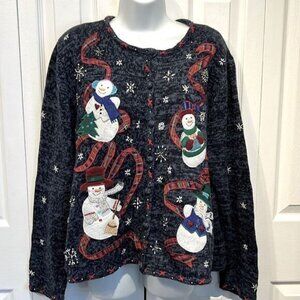 Designers Studio Blue Ramie organic linen and Cotton Snowman Sweater Size XL